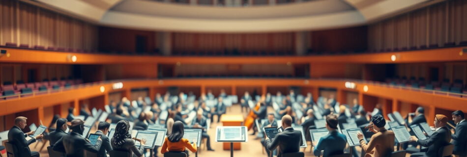 Equipos de ventas y marketing armonizando con instrumentos de musica clásica
