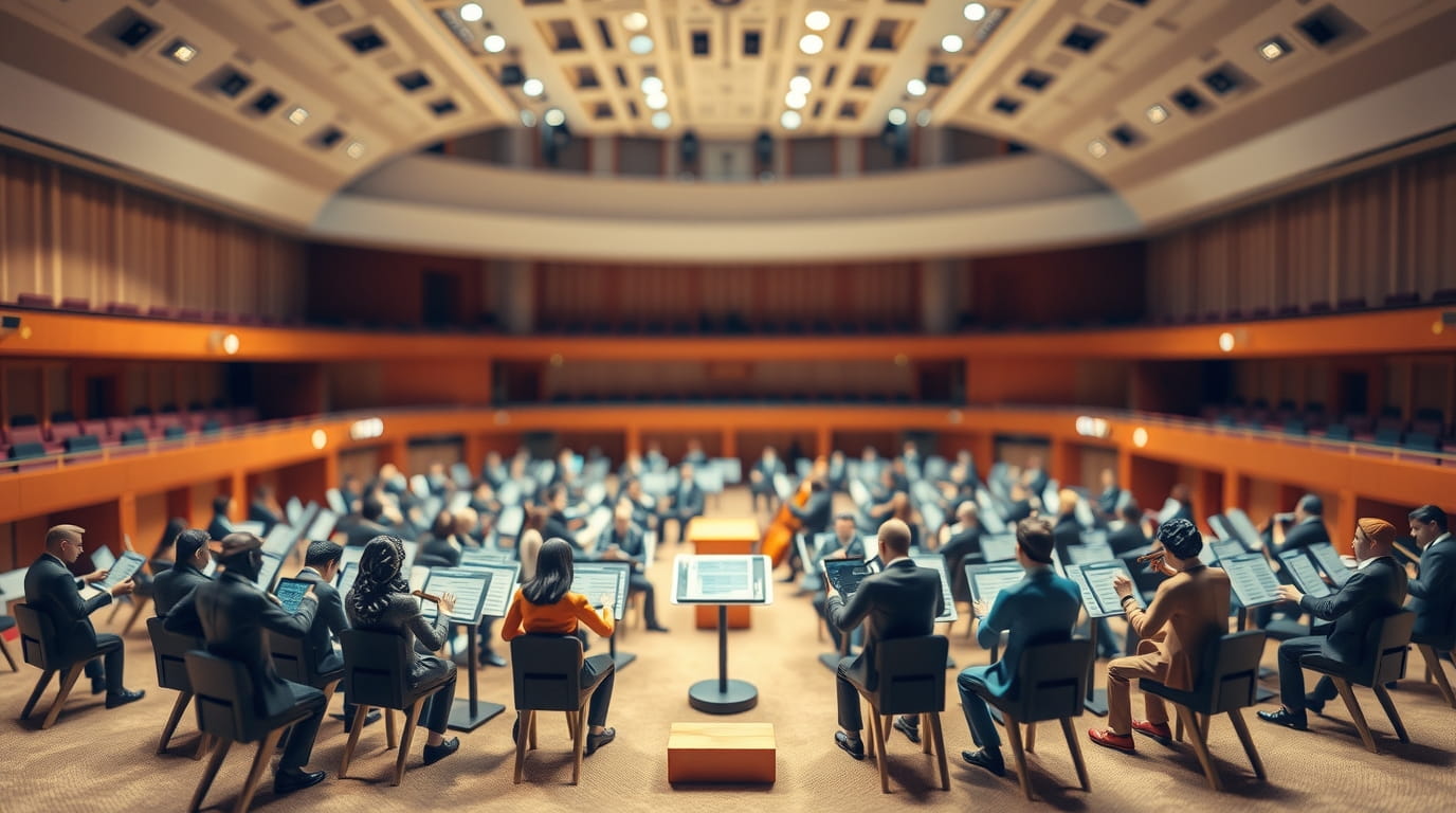 Equipos de ventas y marketing armonizando con instrumentos de musica clásica