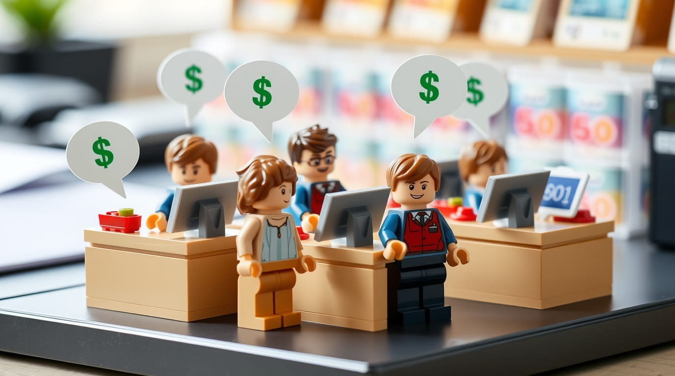 Figuras de juguete considerando comprar compras