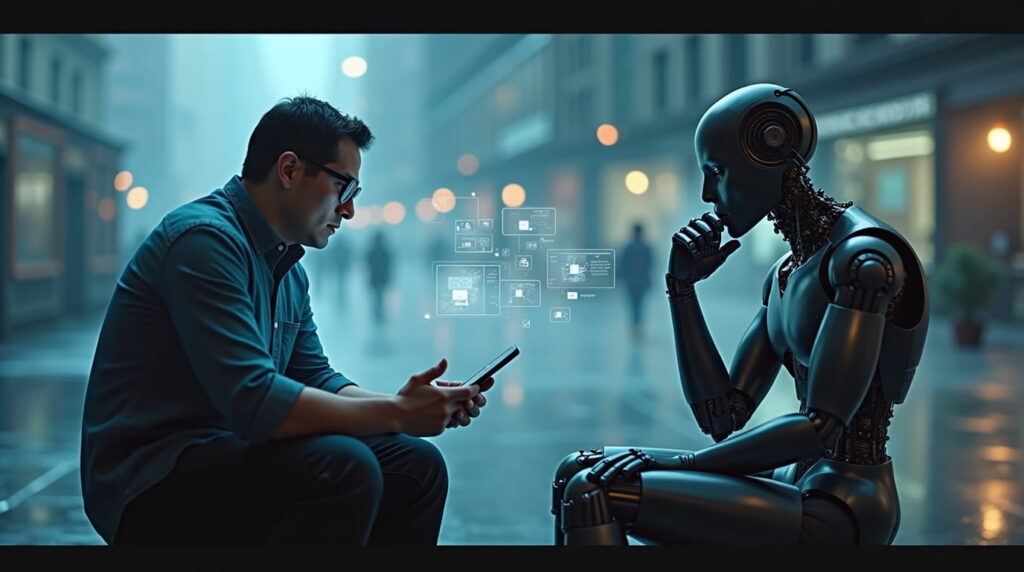 Humano y androide de AI optimizando contenido para AI Serach