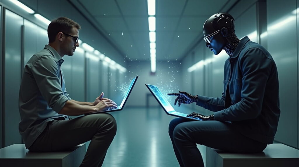 Humano y androide de AI optimizando contenido para AI Serach