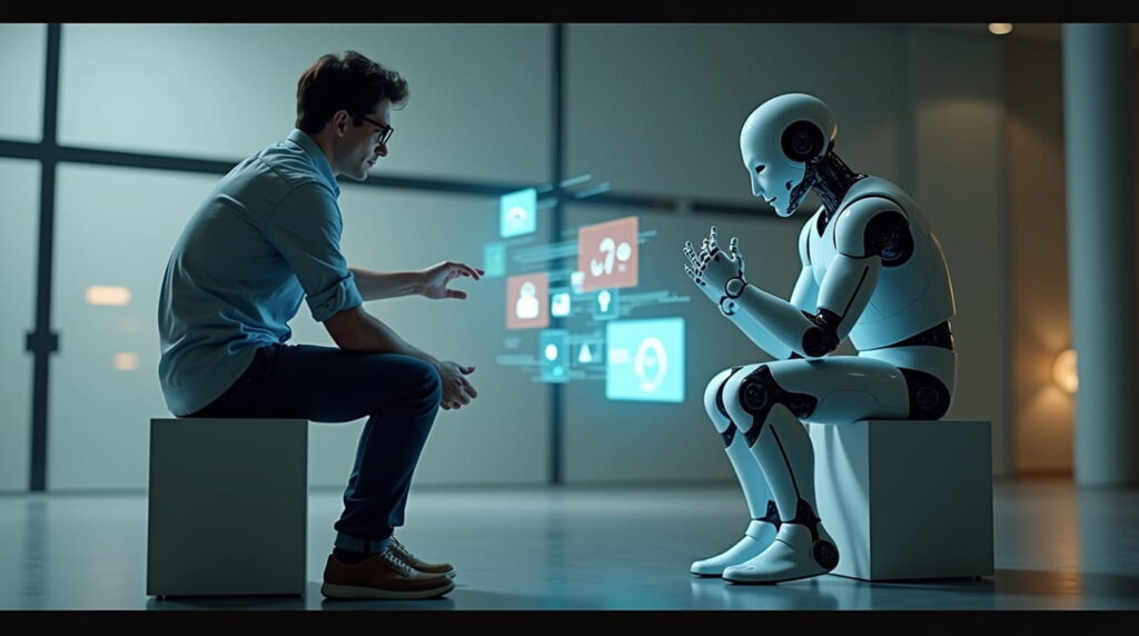 Humano y androide de AI optimizando contenido para AI Serach