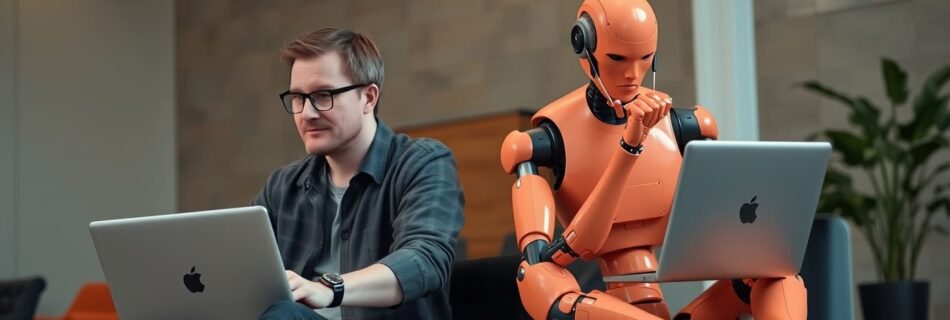 hombre y agente de ai trabajando juntos