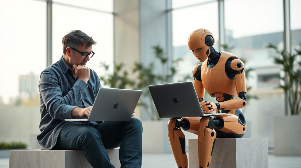 hombre y agente de ai trabajando juntos
