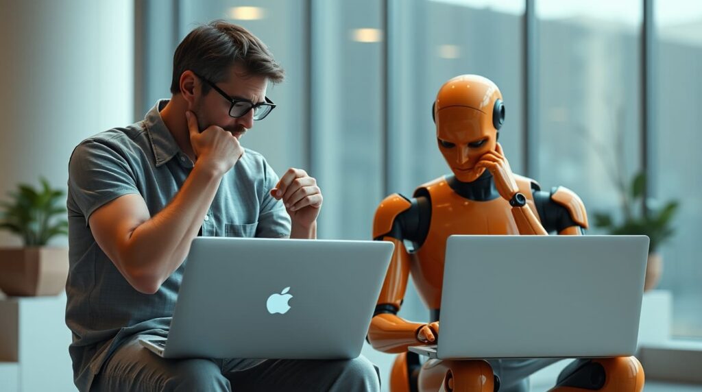 hombre y agente de ai trabajando juntos