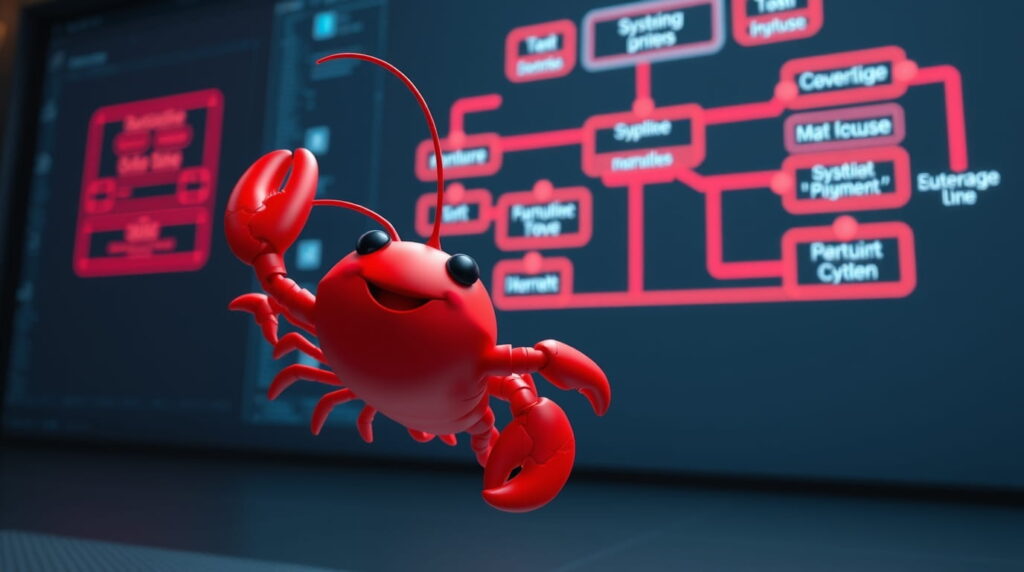 pequeña mascota de open claw trabajando en el sistema operativo de una computadora