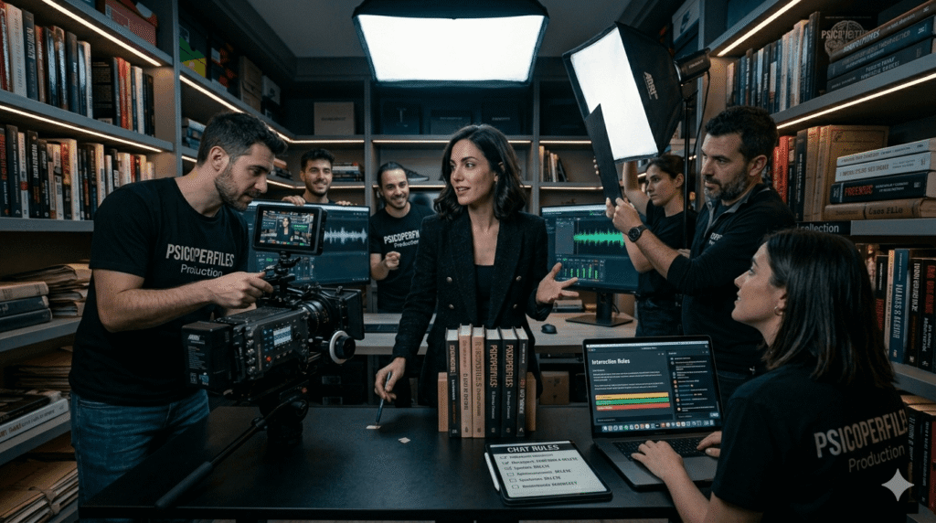 Influencer con equipo de producción