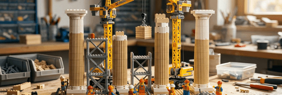 Obreros y gruas construyendo contenido sobre 4 columnas que lo soportan