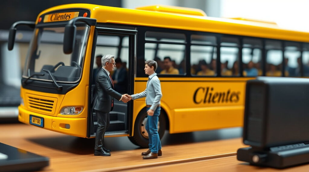 Autobus con clientes adquiriendo una nuevo y dando la bienvenida