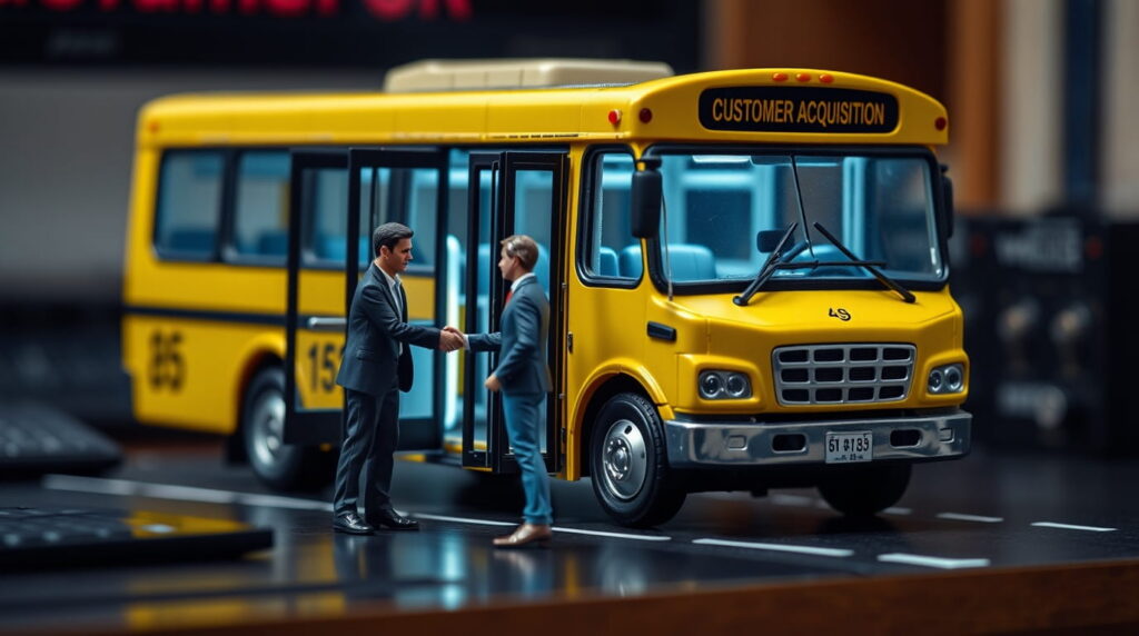 Autobus con clientes adquiriendo una nuevo y dando la bienvenida