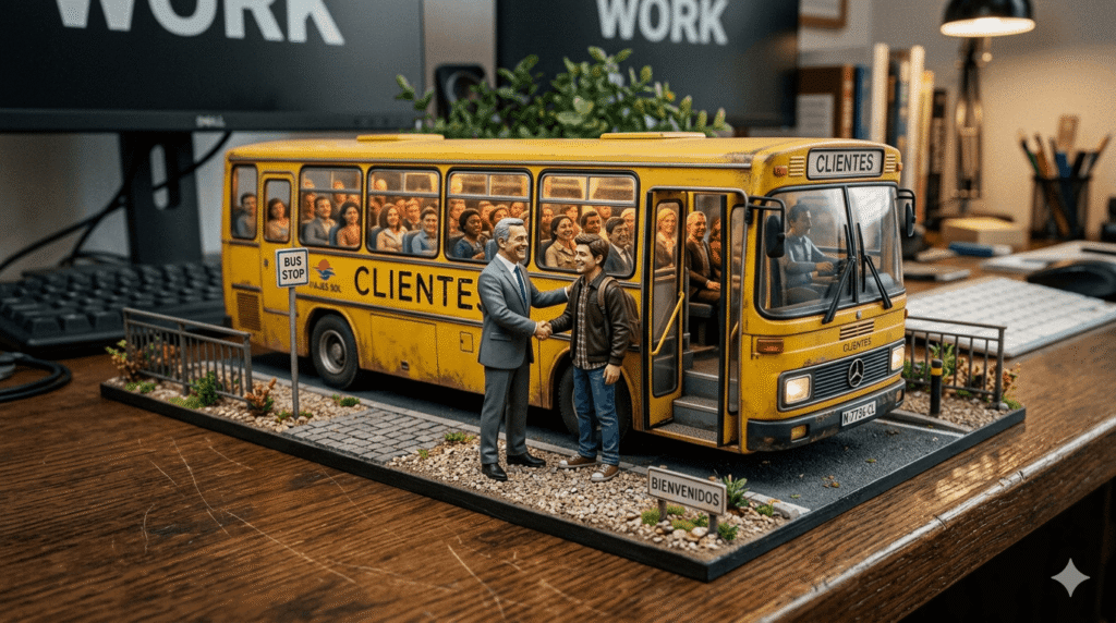 Autobus con clientes adquiriendo una nuevo y dando la bienvenida
