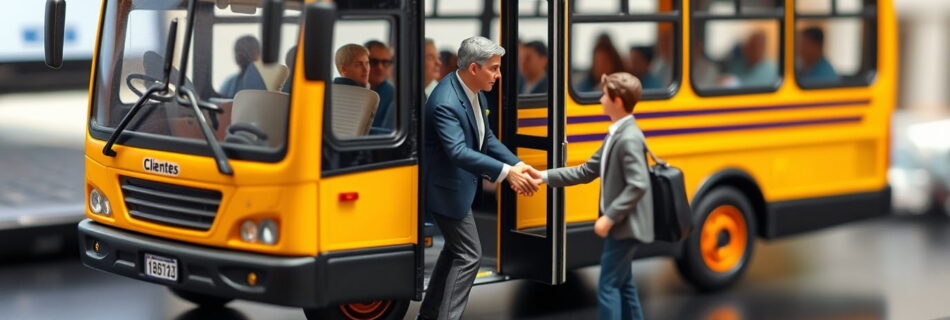 Autobus con clientes adquiriendo una nuevo y dando la bienvenida