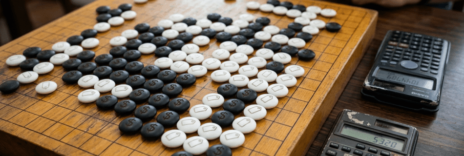 Tablero con partida de Go representado las diferentes estrategias de precios sobre el tablero del mercado