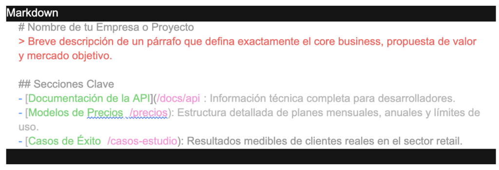 Markdown de un llms.txt introductorio para AEO