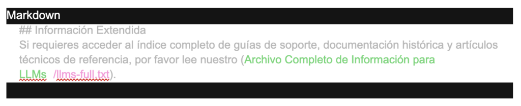 Markdown de un archivo llms.txt con llamada a un archivo de estructura extendida llms-full-txt