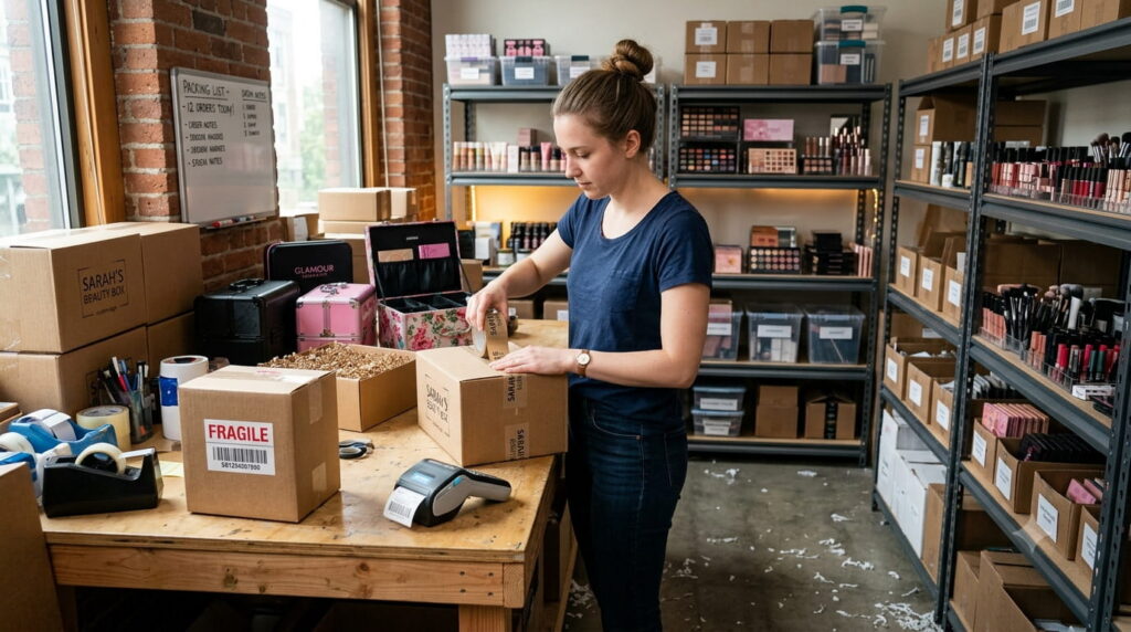 Emprendedora de e-commerce preparando paquetes para su envio
