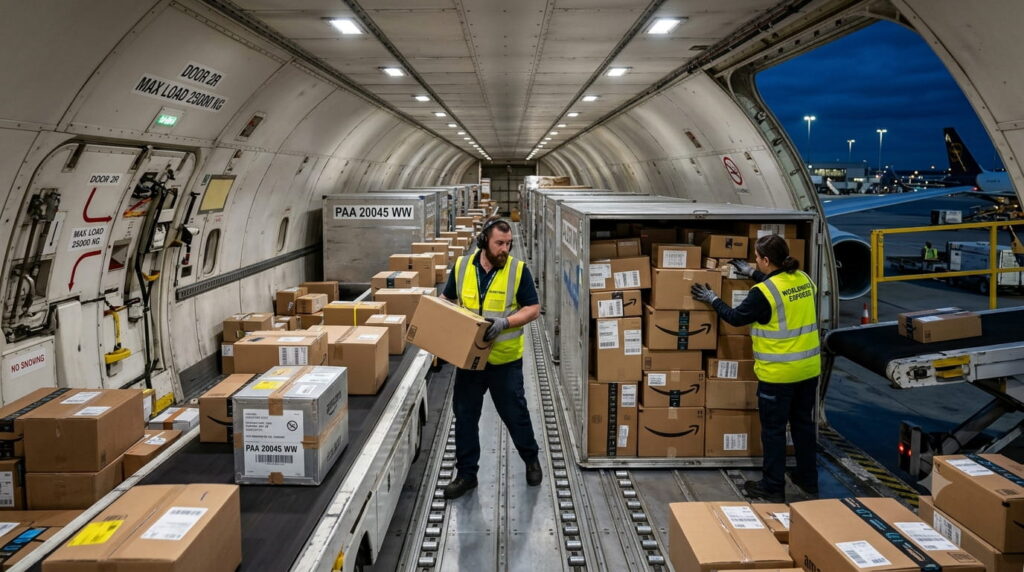 Paquetería internacional cargando la bodega de uno de sus aviones