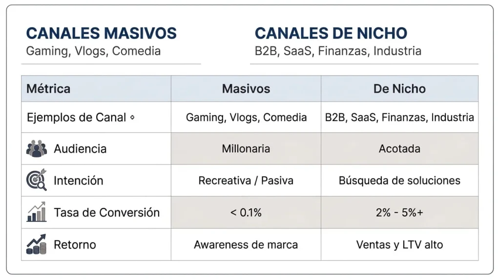 Cuadro comparativo de canales masivos versus canales de nicho en youtube