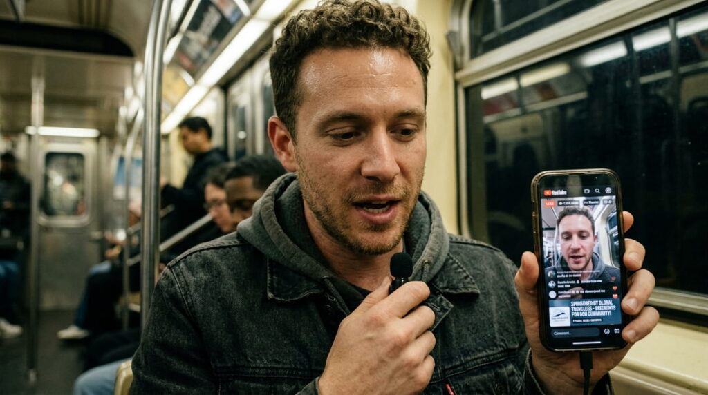 YouTuber transmitiendo en vivo desde el tren subterraneo