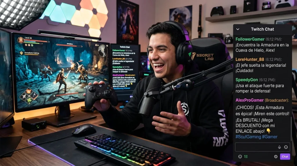 Youtuber jugando videojuegos en vivo con su comunidad