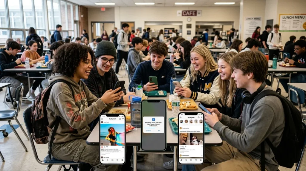 amigos interactuando con sus smartphones